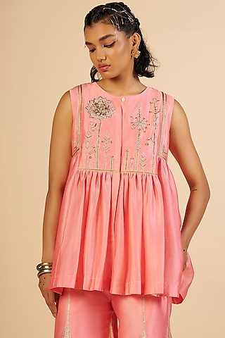 Pink Chanderi Tunic by Gulabo By Abu Sandeep