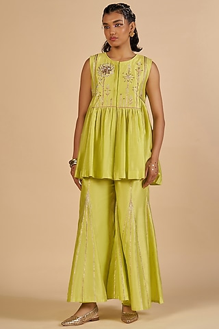 Lime Chanderi Gharara Pants by Gulabo By Abu Sandeep