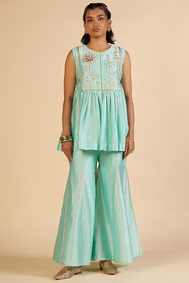 Aqua Chanderi Gharara Pants by Gulabo By Abu Sandeep at Pernia's Pop Up Shop
