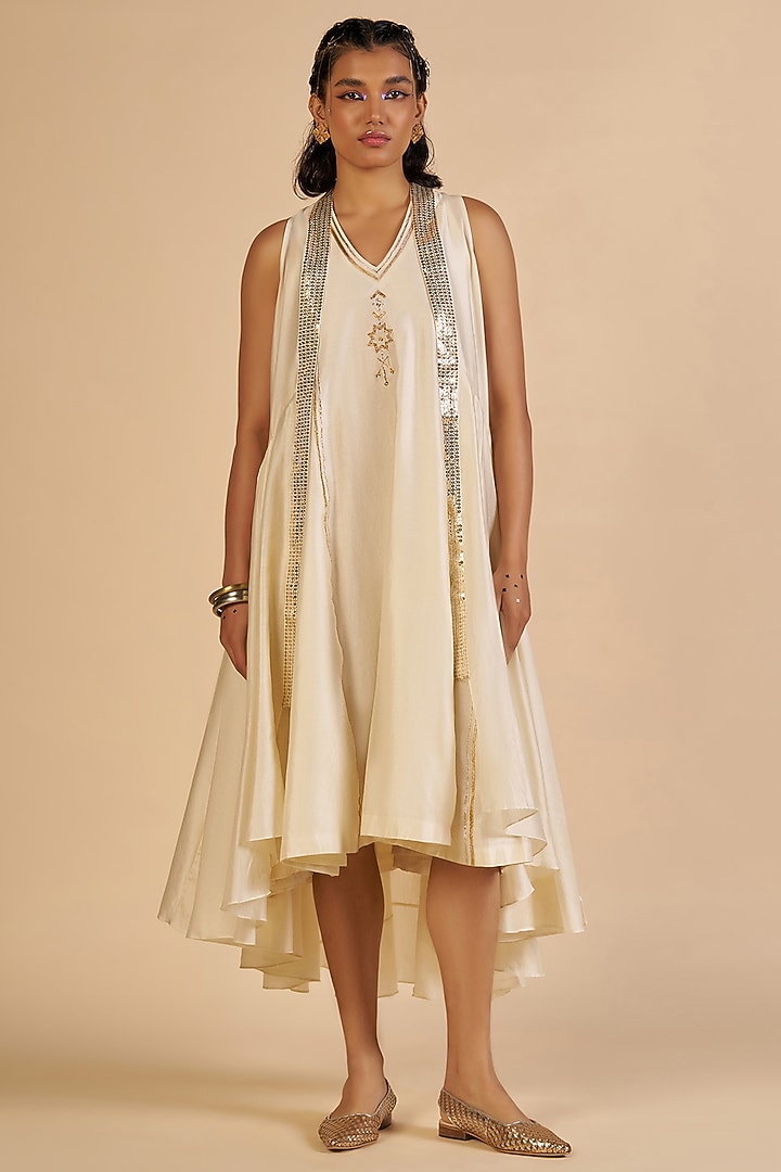Off-White Chanderi Midi Vacation Dress by Gulabo By Abu Sandeep at Pernia's Pop Up Shop