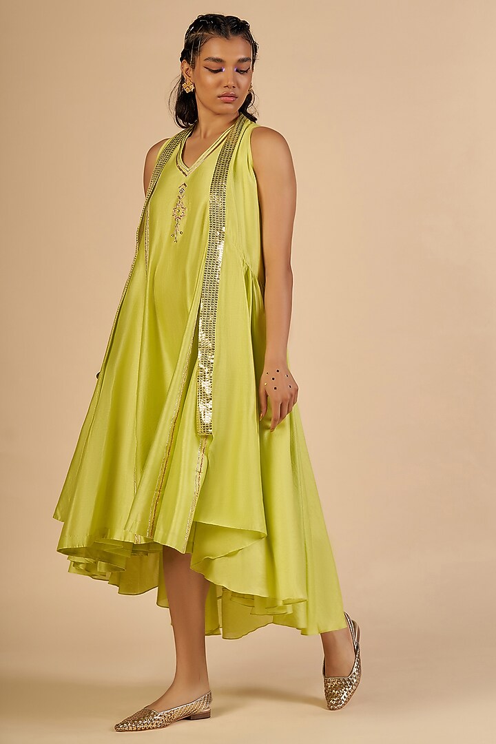 Lime Green Chanderi Overlay by Gulabo By Abu Sandeep at Pernia's Pop Up Shop