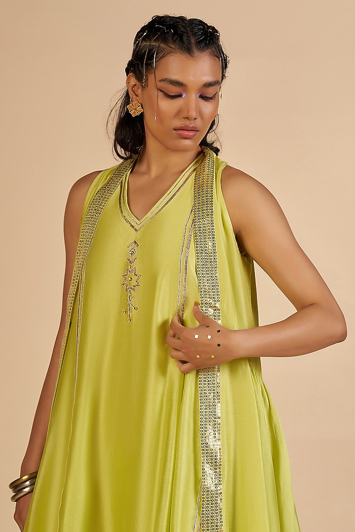 Lime Green Chanderi Overlay by Gulabo By Abu Sandeep at Pernia's Pop Up Shop