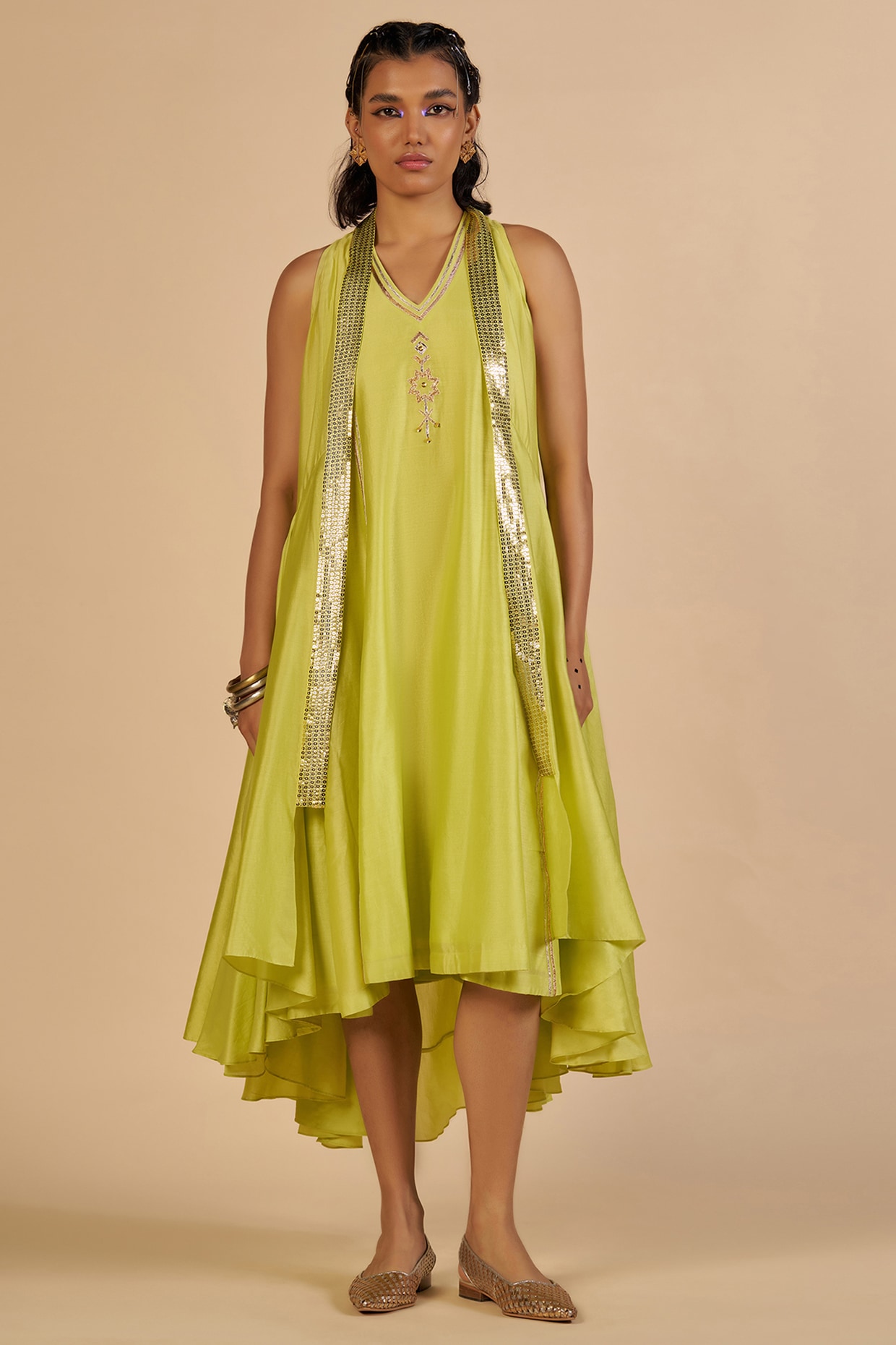 Gulabo By Abu Sandeep Lime Green Chanderi Midi Dress