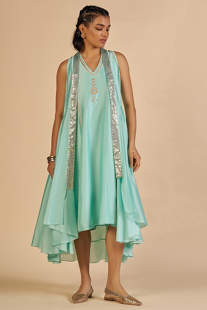 Aqua Chanderi Overlay by Gulabo By Abu Sandeep at Pernia's Pop Up Shop