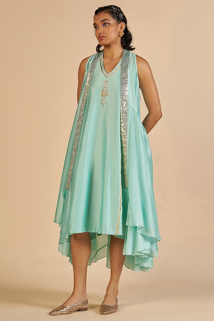 Aqua Chanderi Overlay by Gulabo By Abu Sandeep at Pernia's Pop Up Shop