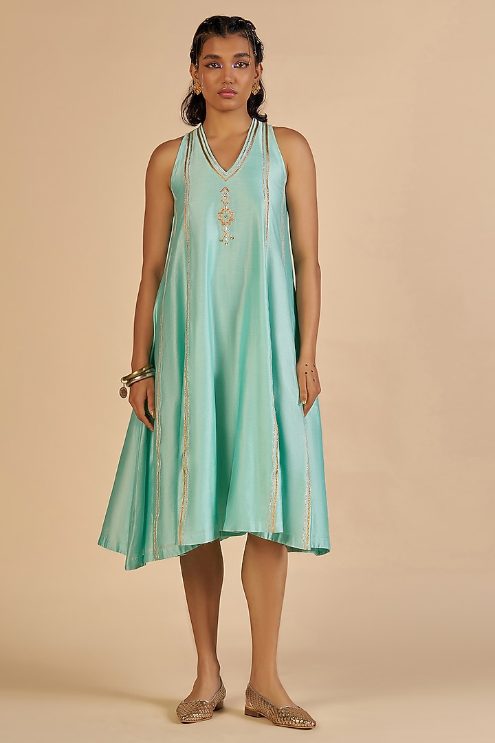 Aqua Chanderi Midi Vacation Dress by Gulabo By Abu Sandeep at Pernia's Pop Up Shop