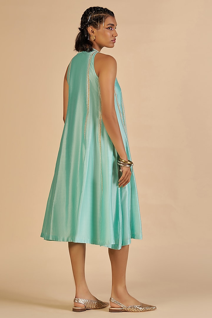 Aqua Chanderi Midi Vacation Dress by Gulabo By Abu Sandeep at Pernia's Pop Up Shop