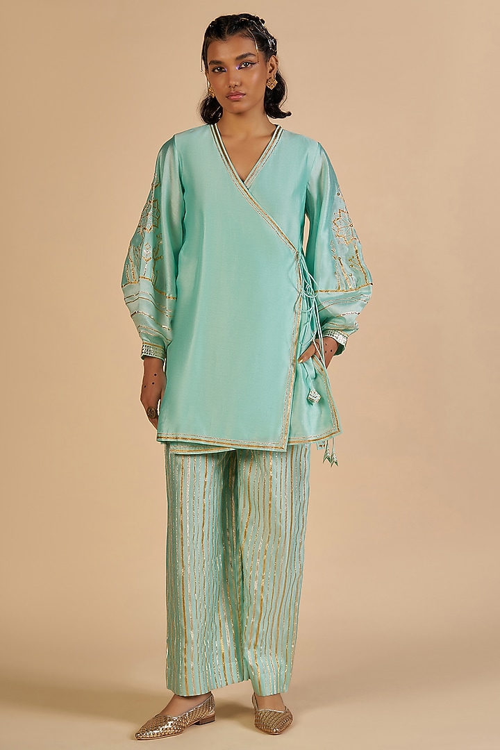 Aqua Chanderi Tunic by Gulabo By Abu Sandeep at Pernia's Pop Up Shop