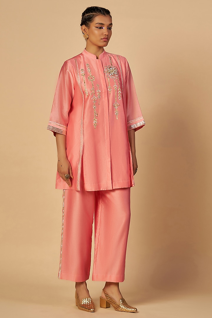 Pink Chanderi Shirt by Gulabo By Abu Sandeep at Pernia's Pop Up Shop