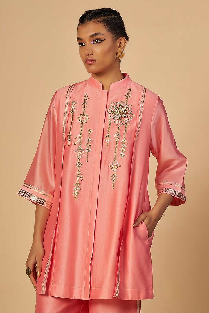 Pink Chanderi Shirt by Gulabo By Abu Sandeep at Pernia's Pop Up Shop