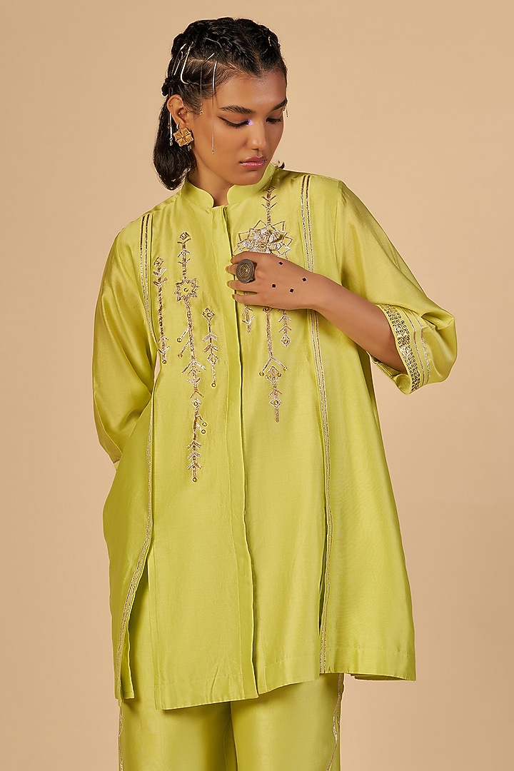 Lime Green Chanderi Shirt by Gulabo By Abu Sandeep at Pernia's Pop Up Shop
