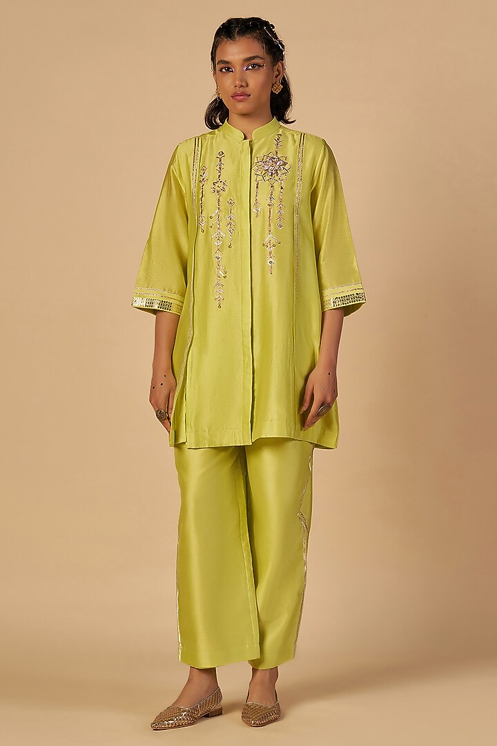 Lime Green Chanderi Shirt by Gulabo By Abu Sandeep at Pernia's Pop Up Shop