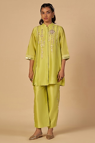 Lime Green Chanderi Pants by Gulabo By Abu Sandeep