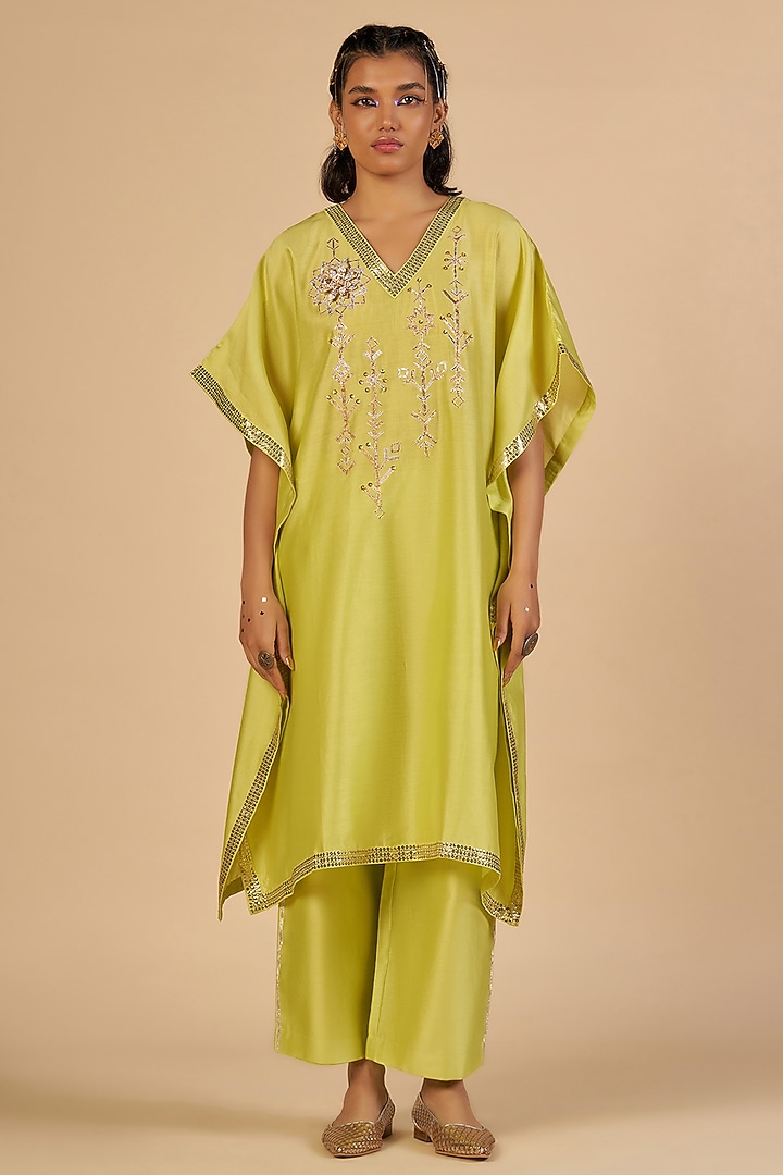Lime Green Chanderi Kaftan by Gulabo By Abu Sandeep at Pernia's Pop Up Shop