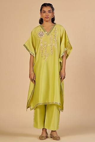 Lime Green Chanderi Kaftan by Gulabo By Abu Sandeep