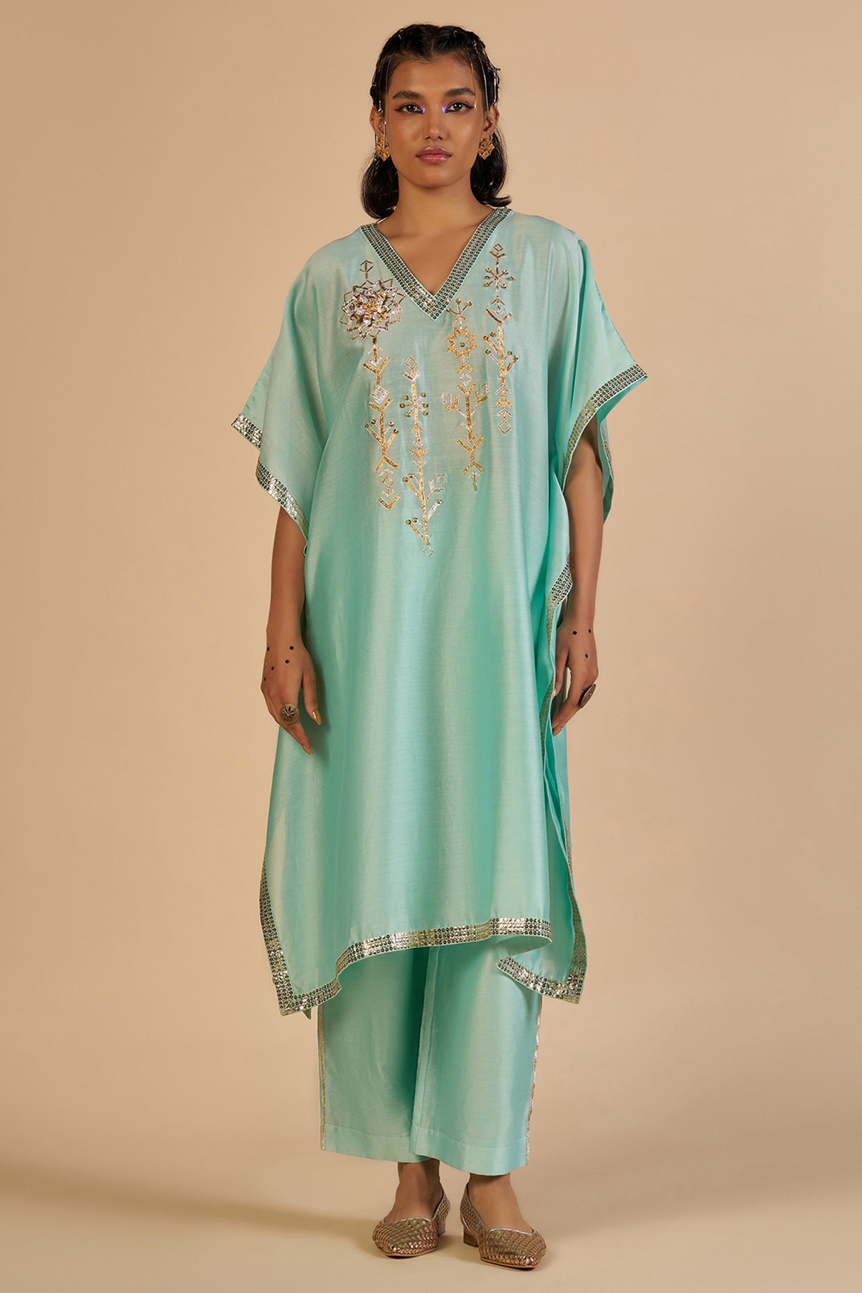Gulabo By Abu Sandeep Aqua Chanderi Kaftan