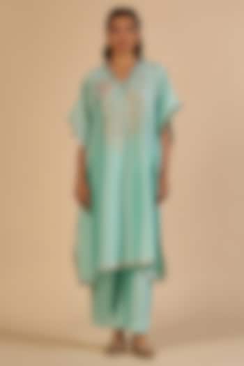 Aqua Chanderi Kaftan by Gulabo By Abu Sandeep at Pernia's Pop Up Shop