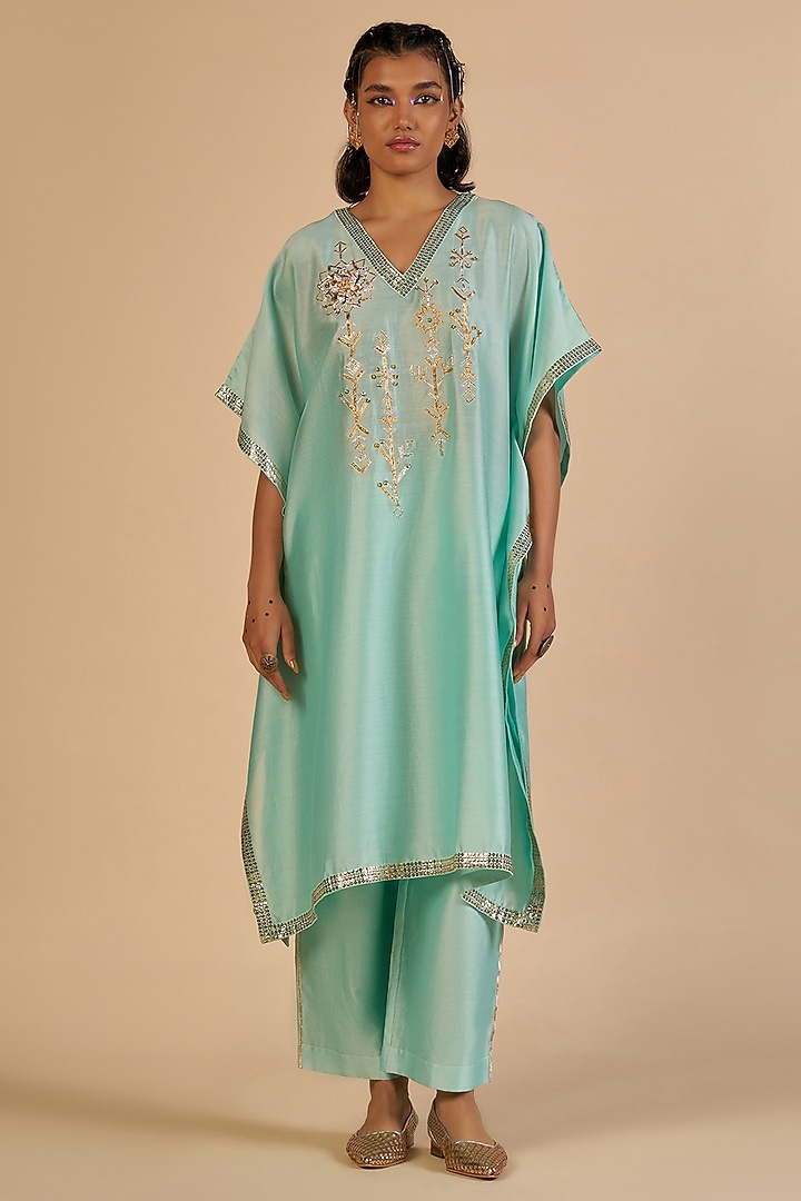 Aqua Chanderi Kaftan by Gulabo By Abu Sandeep at Pernia's Pop Up Shop