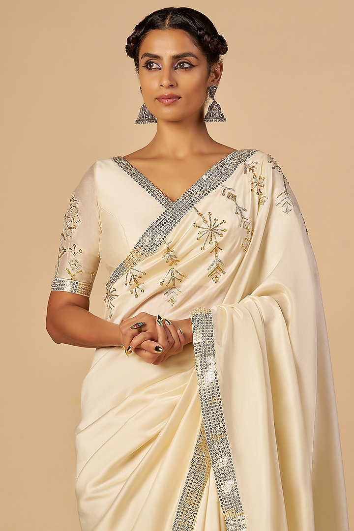 Off-White Chanderi Wedding Saree by Gulabo By Abu Sandeep at Pernia's Pop Up Shop