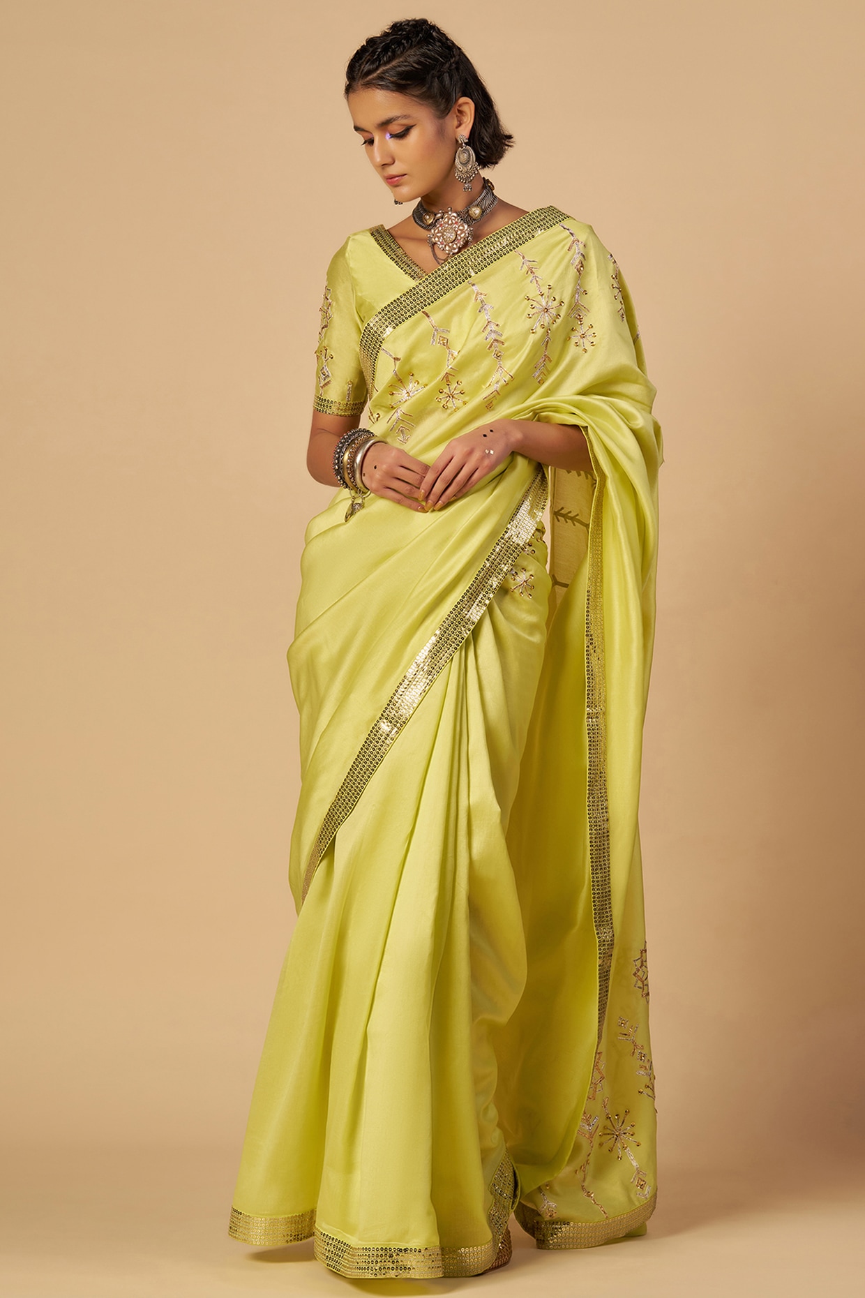 Gulabo By Abu Sandeep Lime Green Chanderi Saree