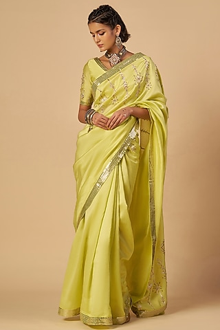 Lime Green Chanderi Blouse by Gulabo By Abu Sandeep