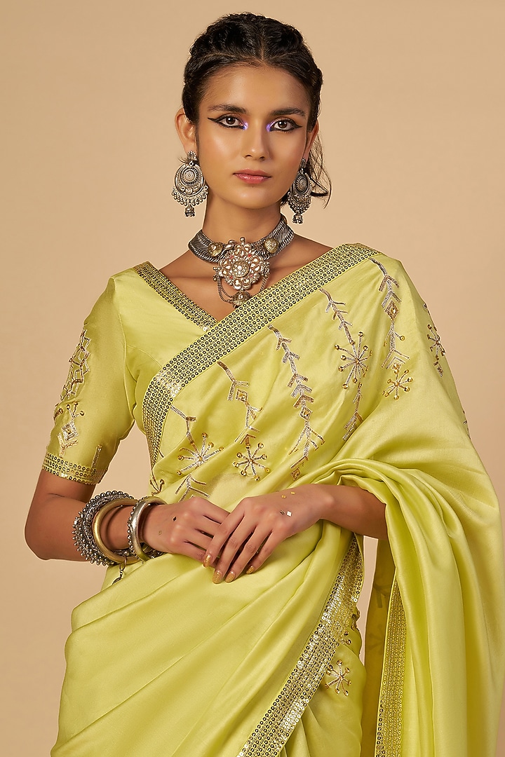 Lime Green Chanderi Blouse by Gulabo By Abu Sandeep at Pernia's Pop Up Shop