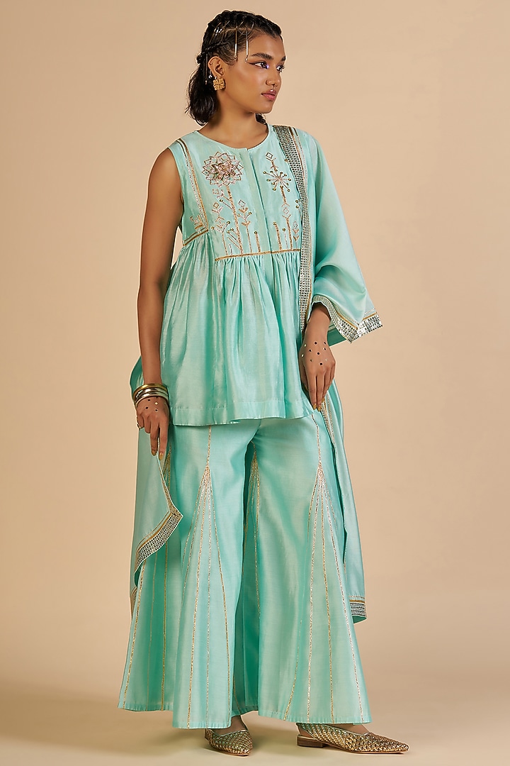 Aqua Chanderi Stole by Gulabo By Abu Sandeep at Pernia's Pop Up Shop