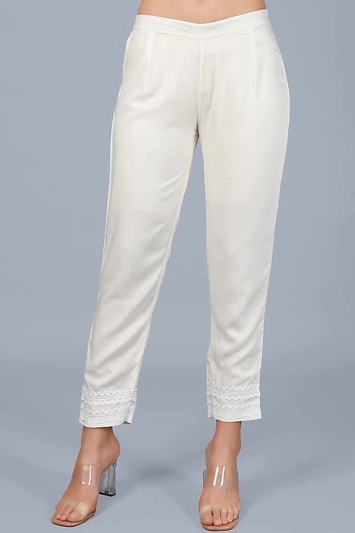 Off-White Viscose Cigarette Pants by Gulabo By Abu Sandeep at Pernia's Pop Up Shop