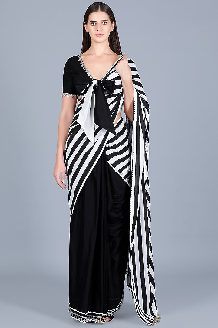 Black & Off-White Panelled Festive Saree by Gulabo By Abu Sandeep at Pernia's Pop Up Shop
