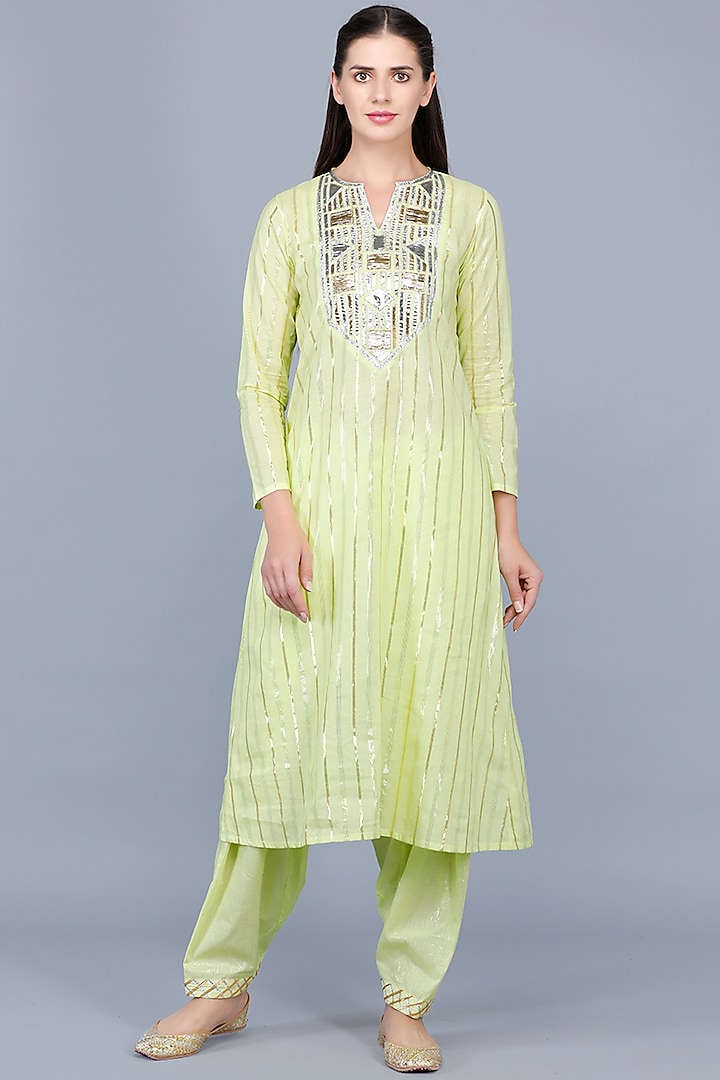 Lime Green Embroidered A-Line Kurta by Gulabo By Abu Sandeep at Pernia's Pop Up Shop