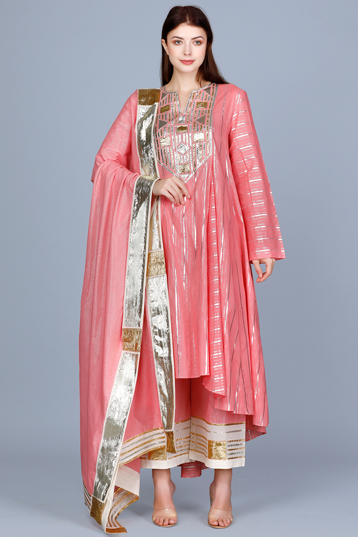 Peach Embroidered Asymmetrical Kurta by Gulabo By Abu Sandeep at Pernia's Pop Up Shop