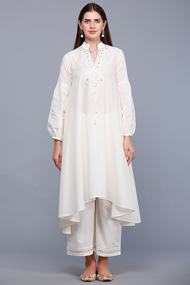 Off-White Embroidered Asymmetrical Circular Tunic by Gulabo By Abu Sandeep