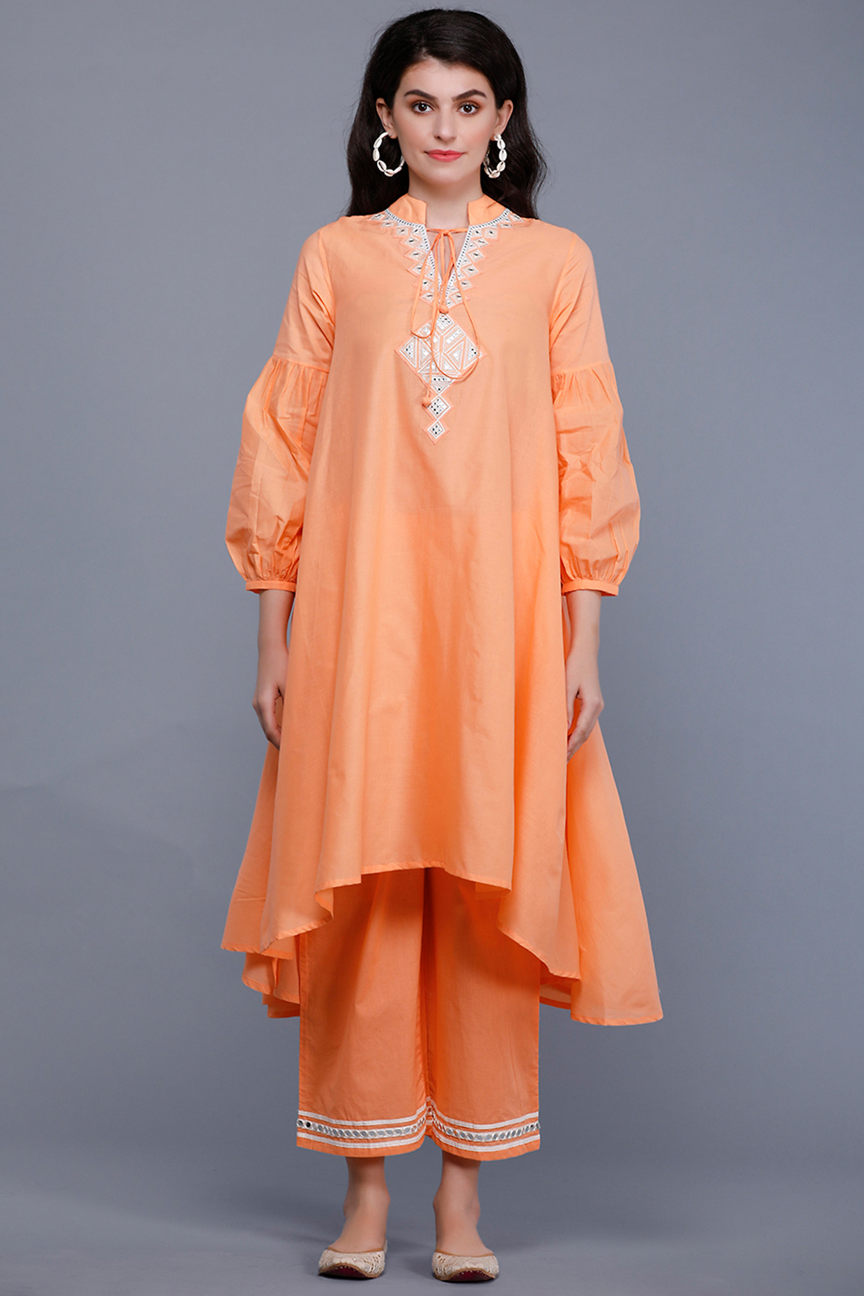 Peach Embroidered Asymmetrical Circular Tunic by Gulabo By Abu Sandeep at Pernia's Pop Up Shop