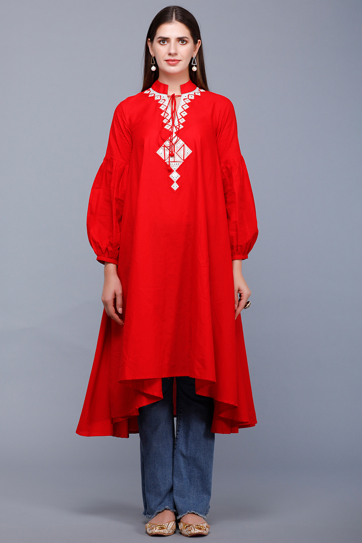 Bright Red Embroidered Asymmetrical Circular Tunic by Gulabo By Abu Sandeep at Pernia's Pop Up Shop
