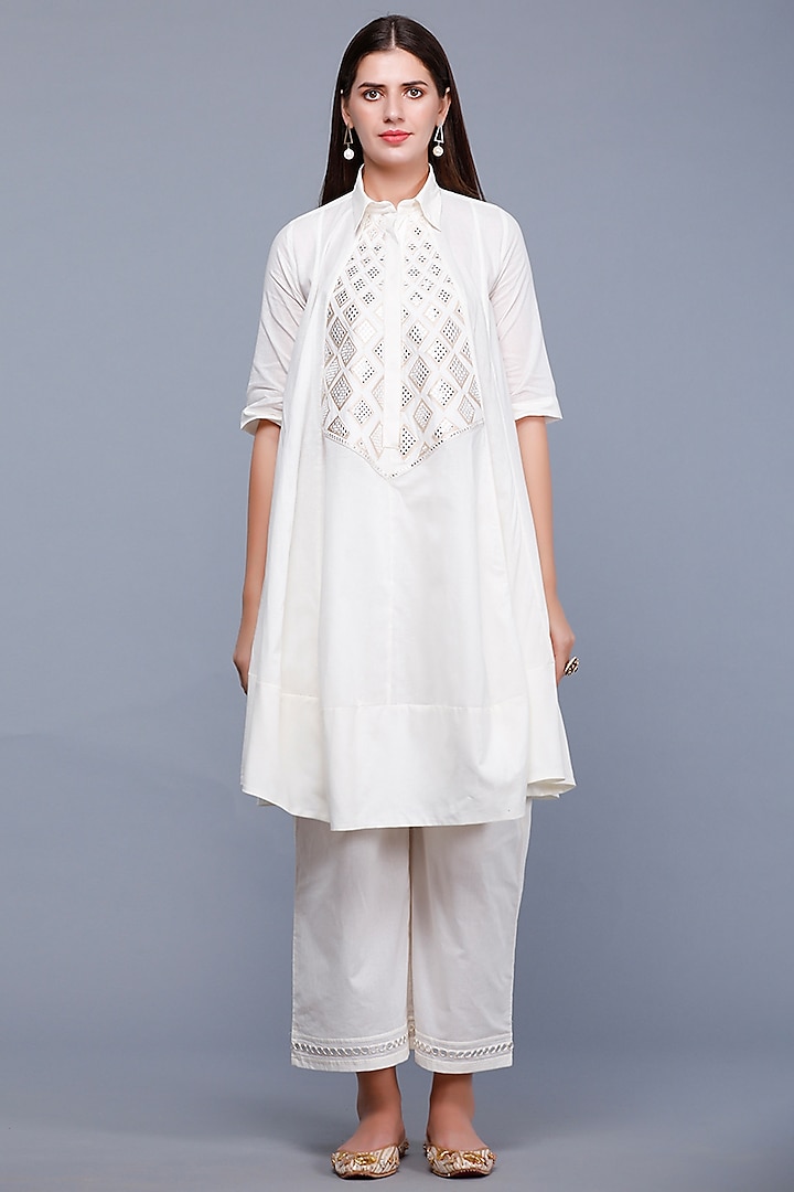 Off-White Embroidered Kalidar Short Tunic by Gulabo By Abu Sandeep