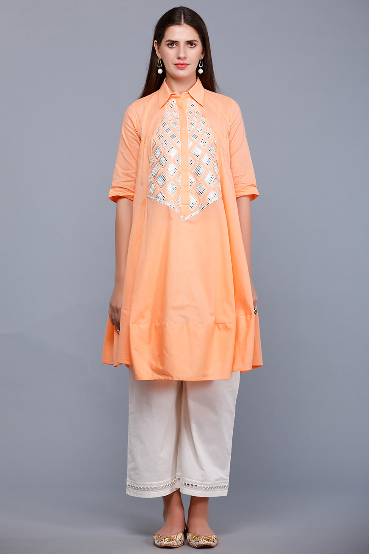 Peach Embroidered Kalidar Short Tunic by Gulabo By Abu Sandeep at Pernia's Pop Up Shop