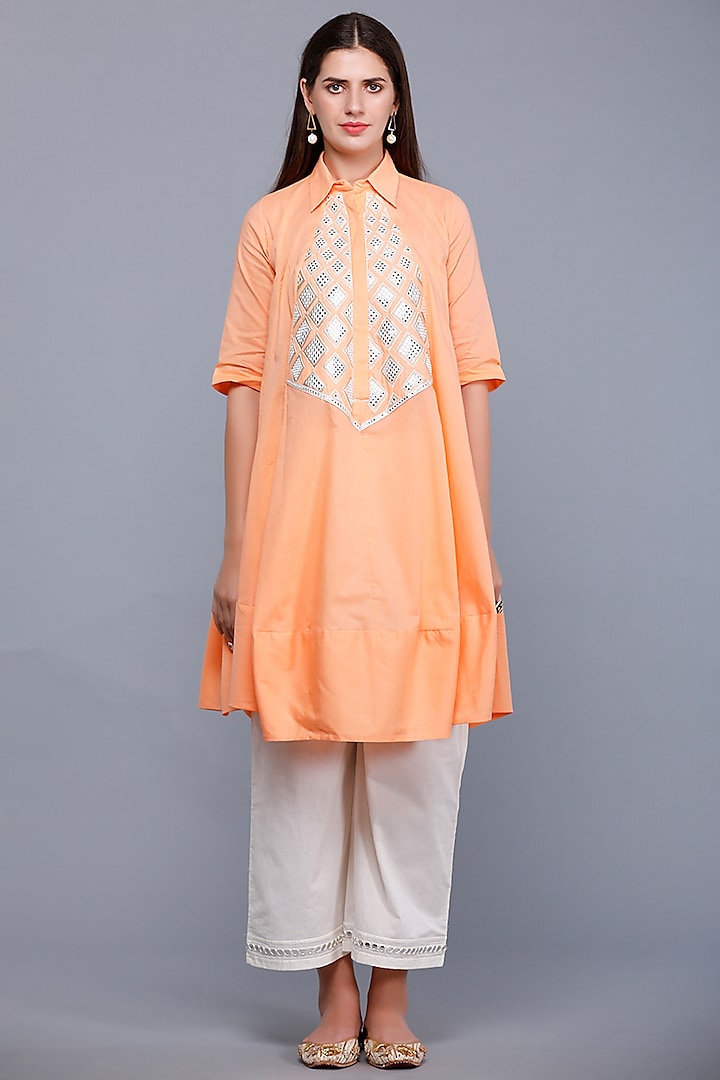 Peach Embroidered Kalidar Short Tunic by Gulabo By Abu Sandeep at Pernia's Pop Up Shop