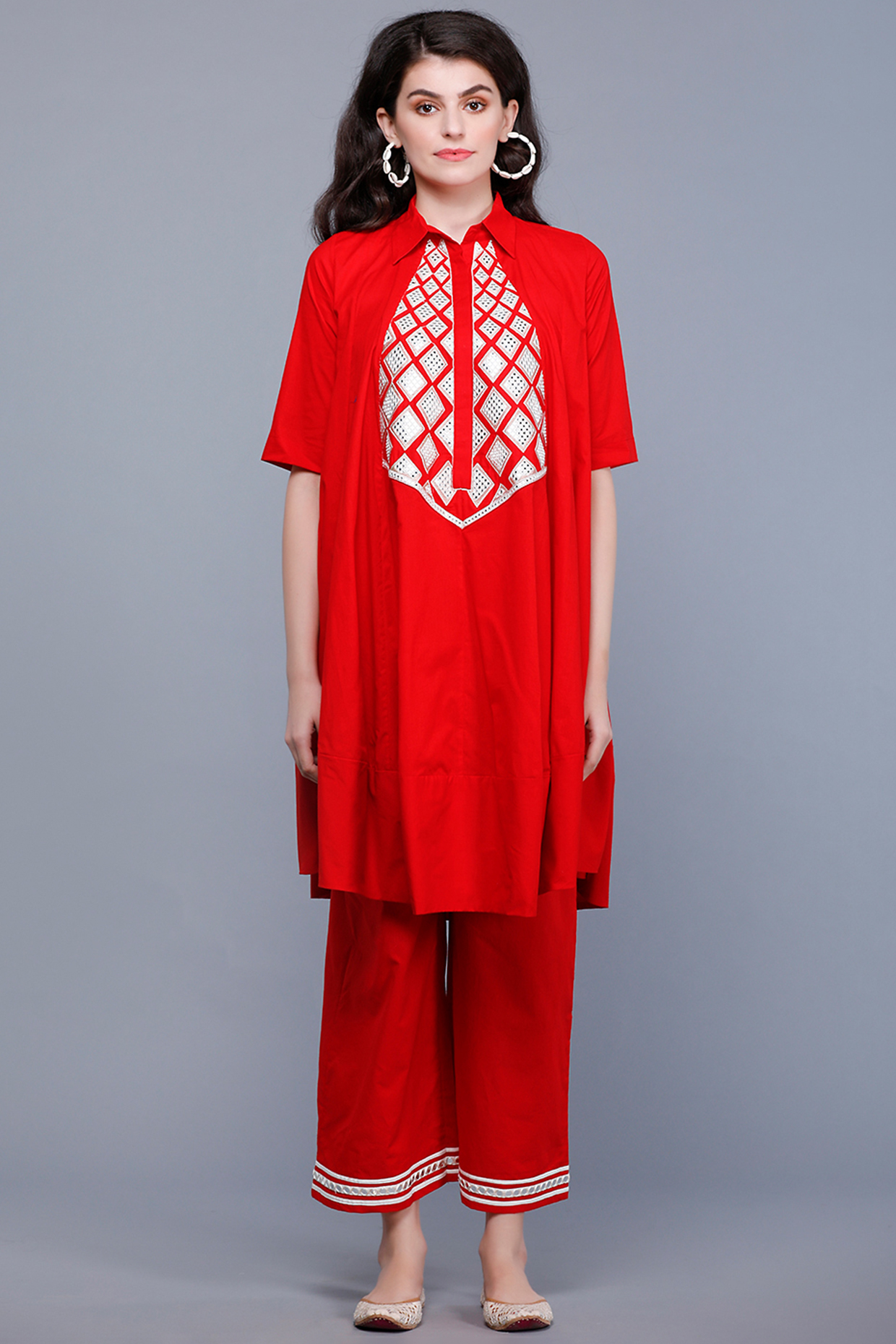Bright Red Embroidered Kalidar Short Tunic by Gulabo By Abu Sandeep at Pernia's Pop Up Shop
