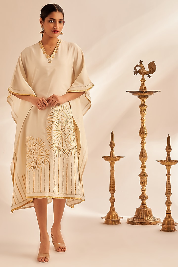 Off-White Chanderi Silk Embroidered Kaftan by Gulabo By Abu Sandeep at Pernia's Pop Up Shop