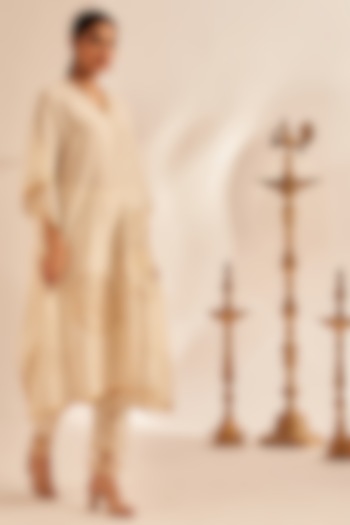 Off-White Chanderi Silk Embroidered Pencil Pants by Gulabo By Abu Sandeep at Pernia's Pop Up Shop