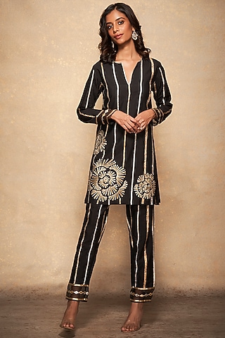 Black Chanderi Silk Embroidered Pencil Pants by Gulabo By Abu Sandeep