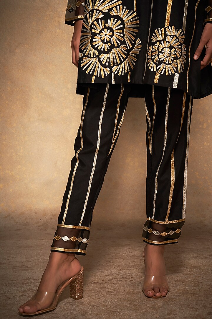 Black Chanderi Silk Embroidered Pencil Pants by Gulabo By Abu Sandeep at Pernia's Pop Up Shop
