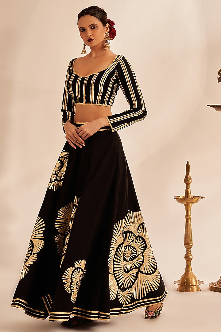 Black Chanderi Silk Embroidered Skirt by Gulabo By Abu Sandeep at Pernia's Pop Up Shop