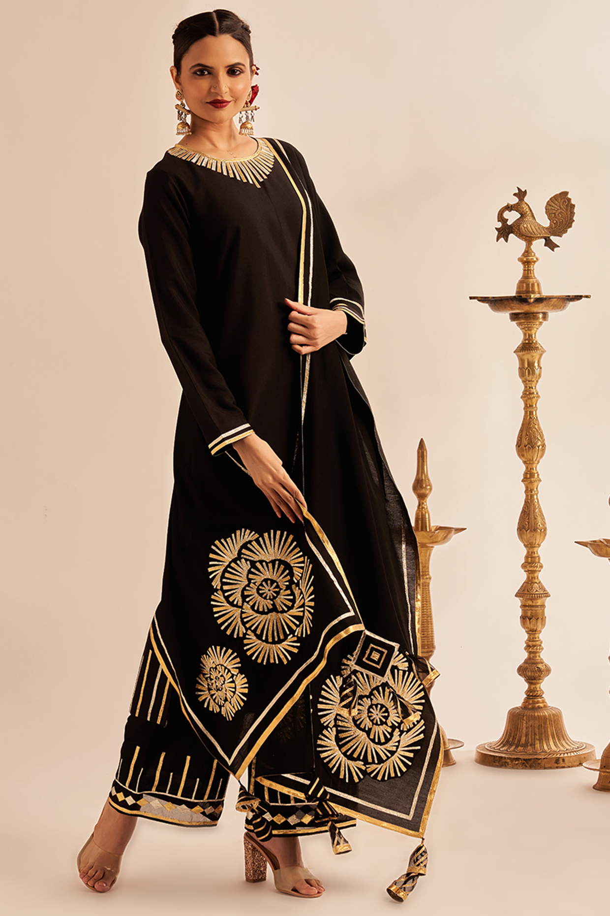 Black Chanderi Silk Embroidered Stole by Gulabo By Abu Sandeep