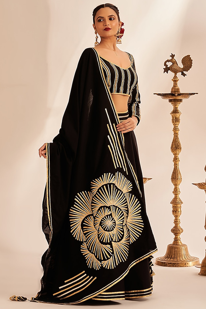 Black Chanderi Silk Gota Embroidered Dupatta by Gulabo By Abu Sandeep