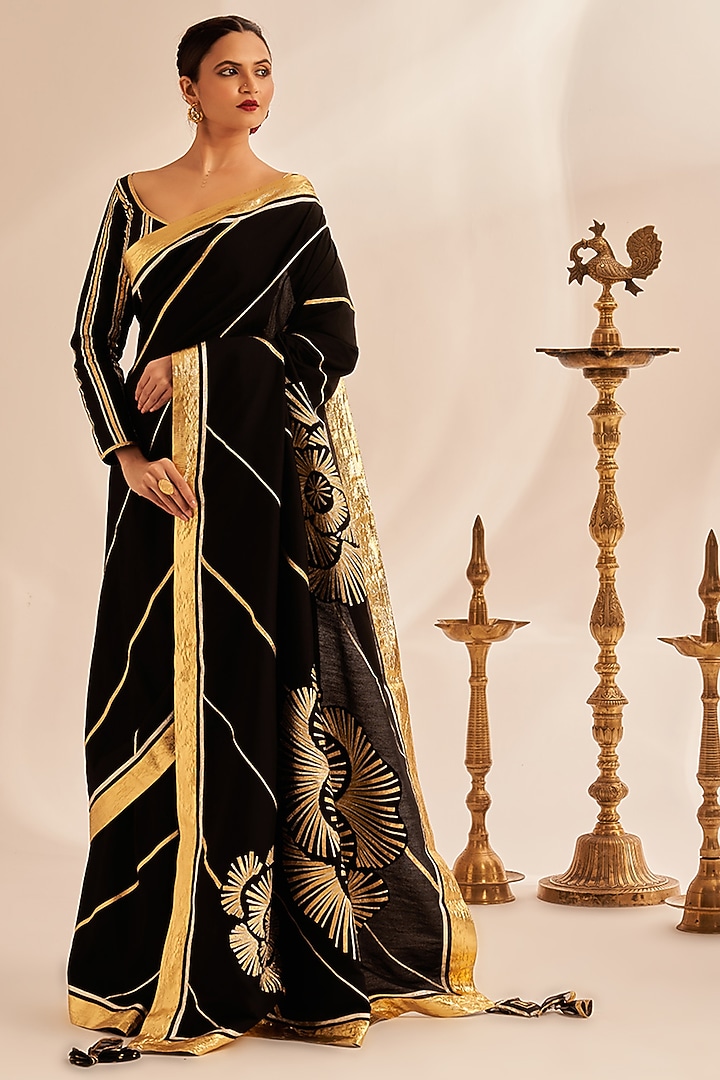 Black Chanderi Silk Embellished Wedding Saree Set by Gulabo By Abu Sandeep at Pernia's Pop Up Shop