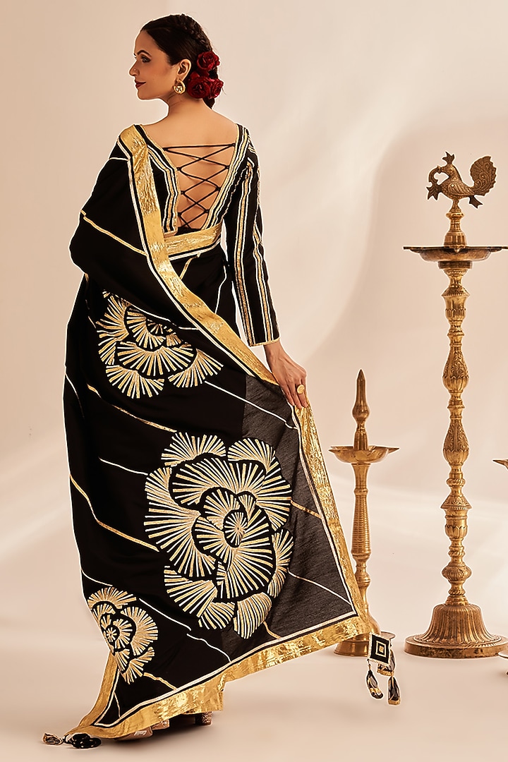 Black Chanderi Silk Embellished Wedding Saree Set by Gulabo By Abu Sandeep at Pernia's Pop Up Shop