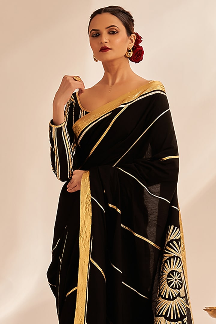 Black Chanderi Silk Embellished Wedding Saree Set by Gulabo By Abu Sandeep at Pernia's Pop Up Shop