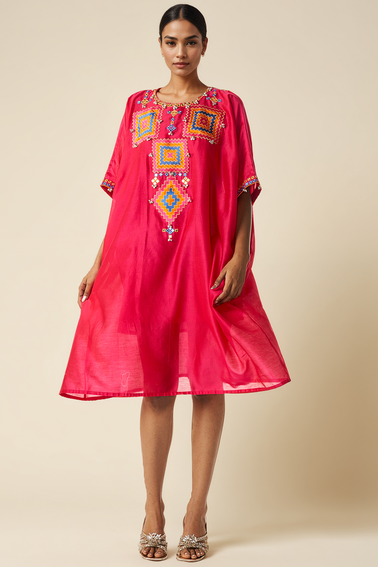 Pink Chanderi Ikat Applique Kaftan by Gulabo By Abu Sandeep at Pernia's Pop Up Shop