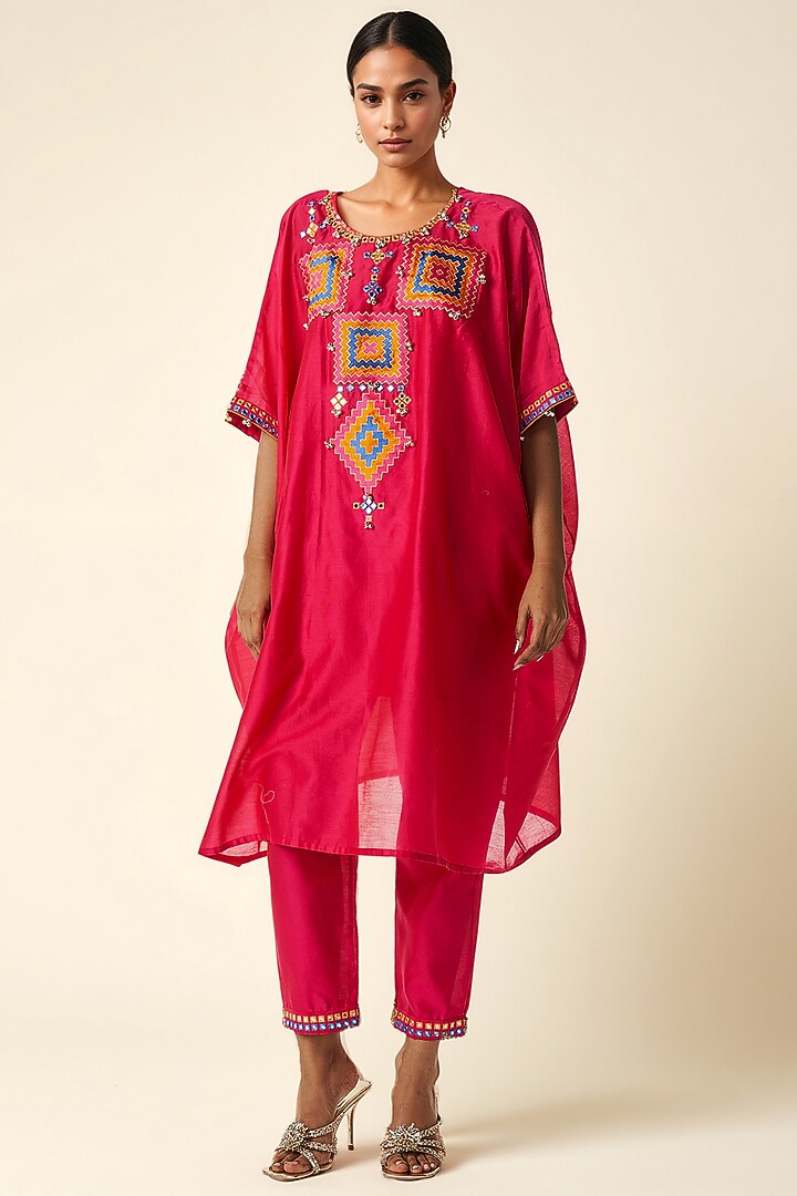 Pink Chanderi Ikat Applique Kaftan by Gulabo By Abu Sandeep at Pernia's Pop Up Shop